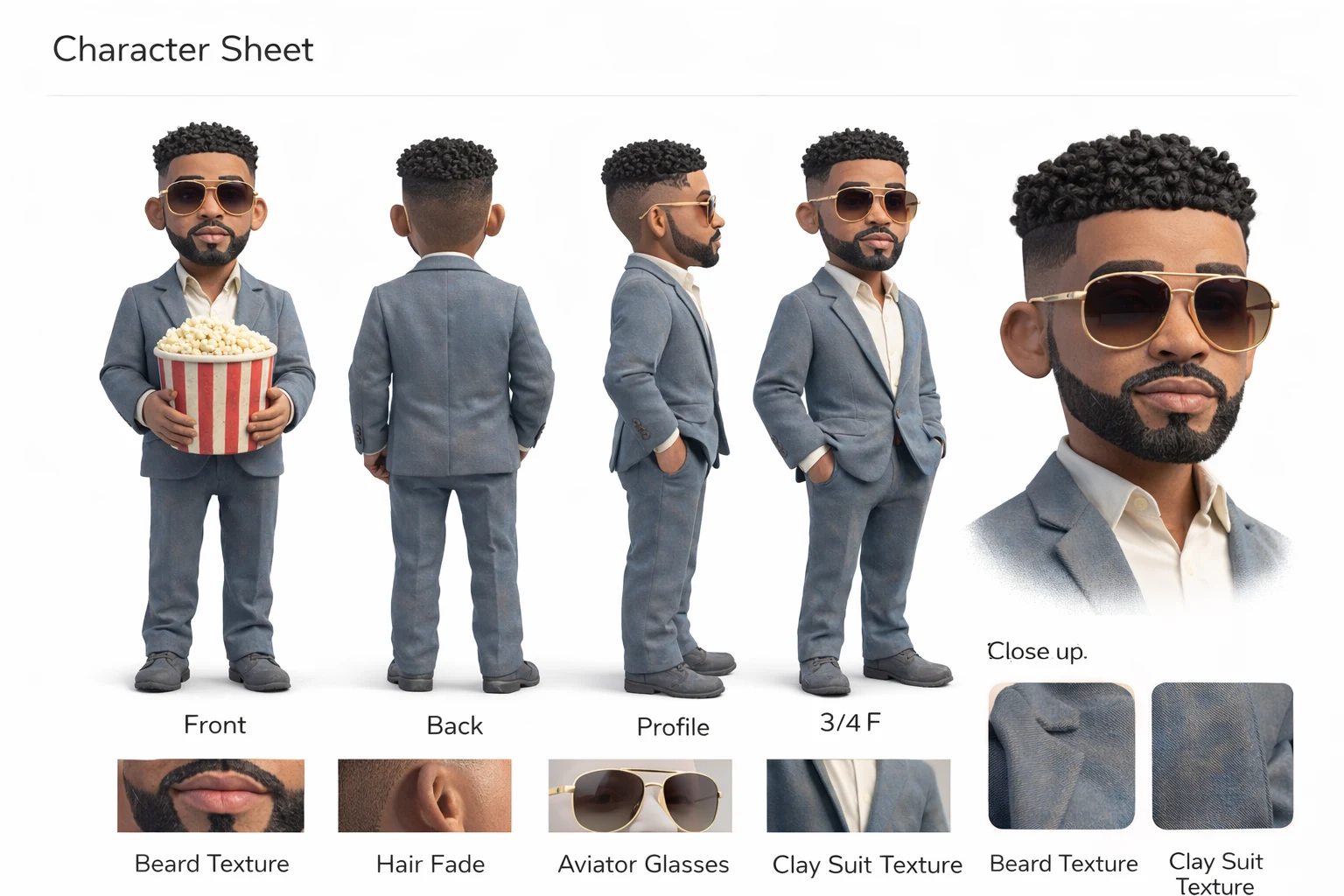 Clay Max character sheet showing front, back, profile, three-quarter view, and material details