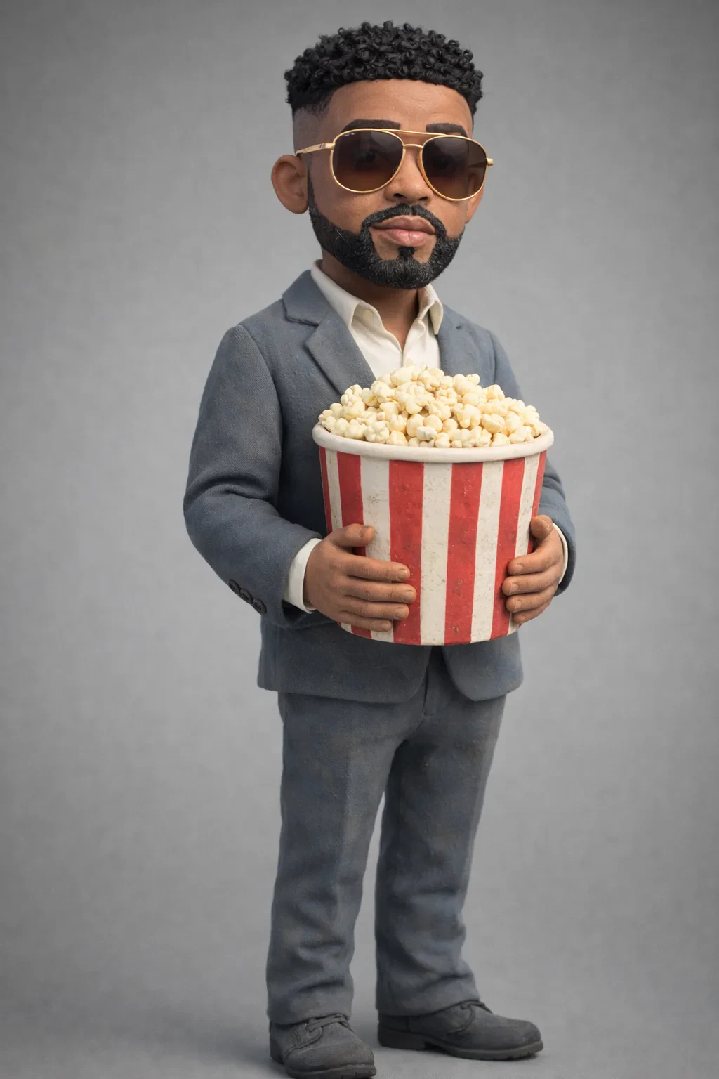 Clay Max holding a striped bucket of popcorn