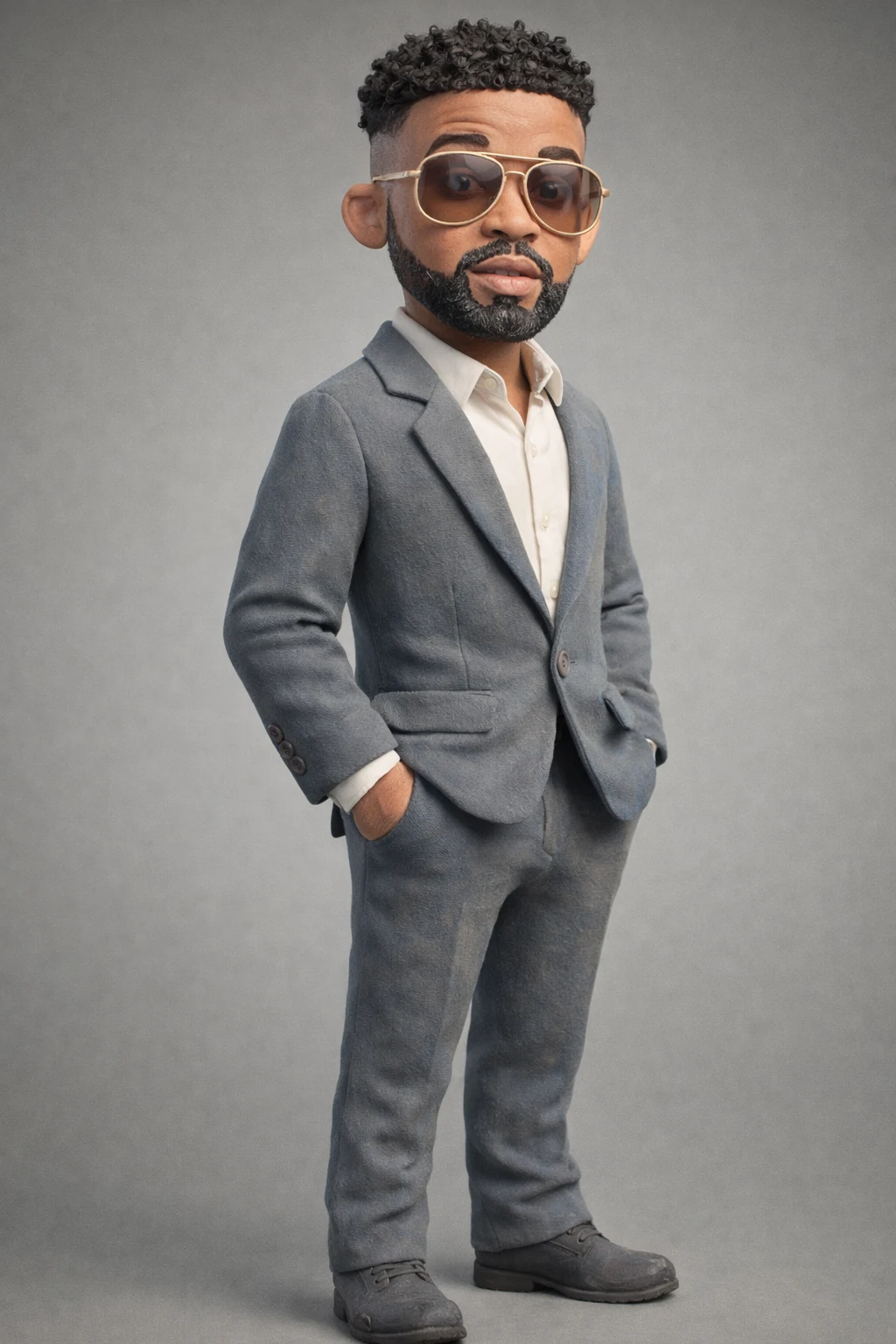 Clay-style director character in a gray suit and sunglasses