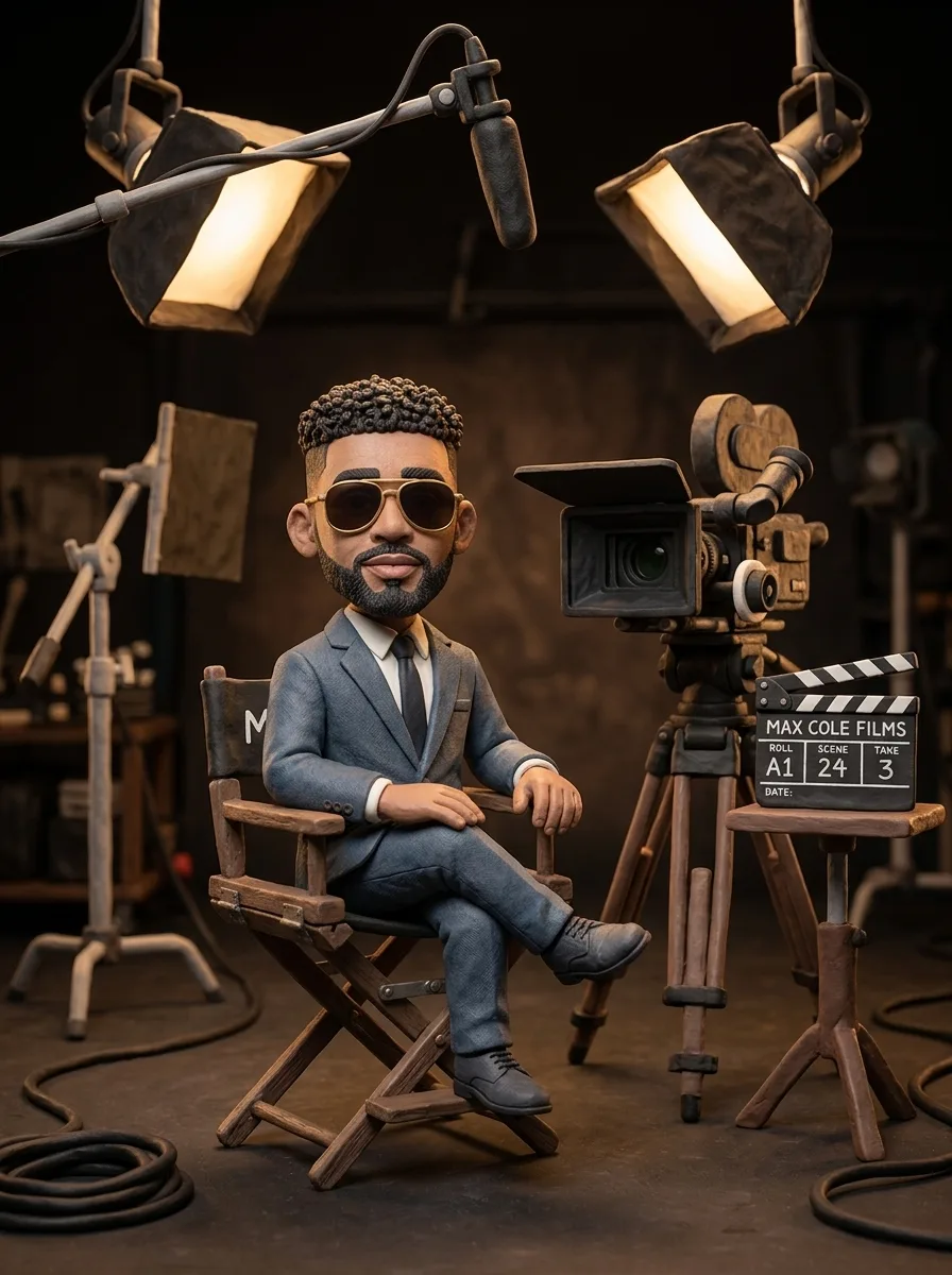 Clay-style director Maxwell Cole seated in a director's chair inside a miniature film studio